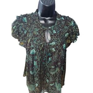 Ulla Johnson Signe Green Paisley Metallic Smocked Tie Neck Boho Blouse Size 6